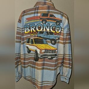 Women's Light Blue/Brown Plaid Shacket W/Vintage Bronco Graphic: Size- Small
